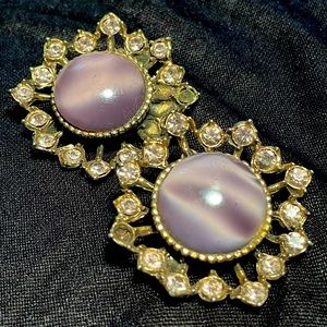 Vintage violet cats eye and rhinestone clip on earrings